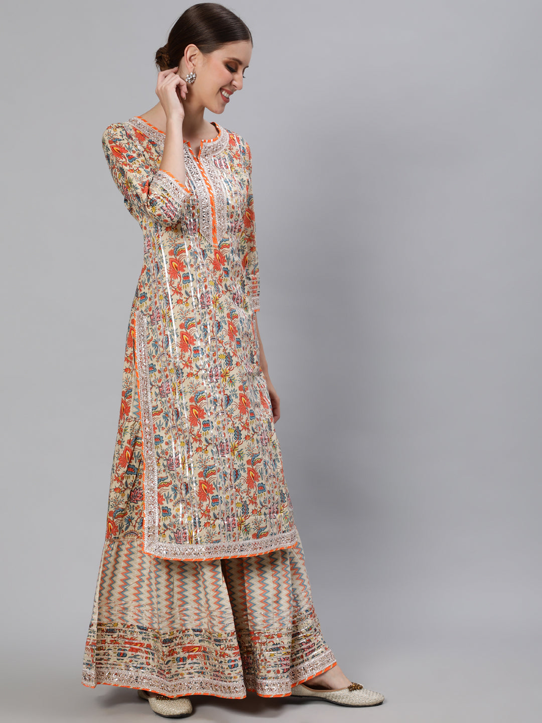 Ishin Women's Beige Gotta Patti Embroidered A-Line Kurta Sharara Dupatta Set
