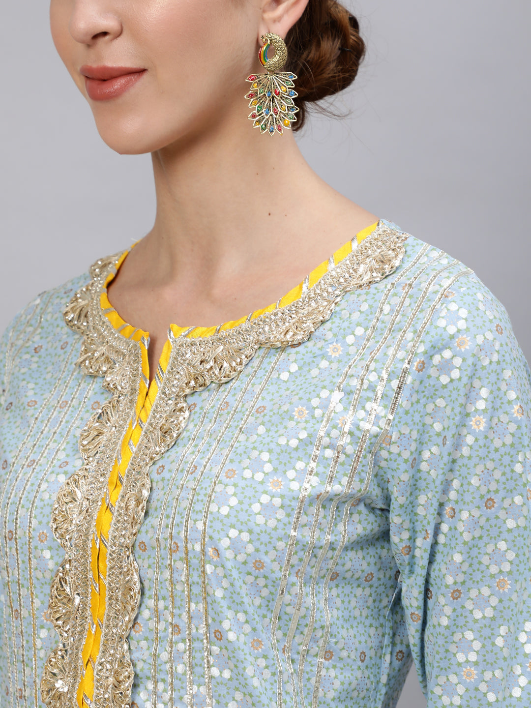 Ishin Women's Cotton Blue Gotta Patti Embroidered A-Line Kurta Sharara Dupatta Set