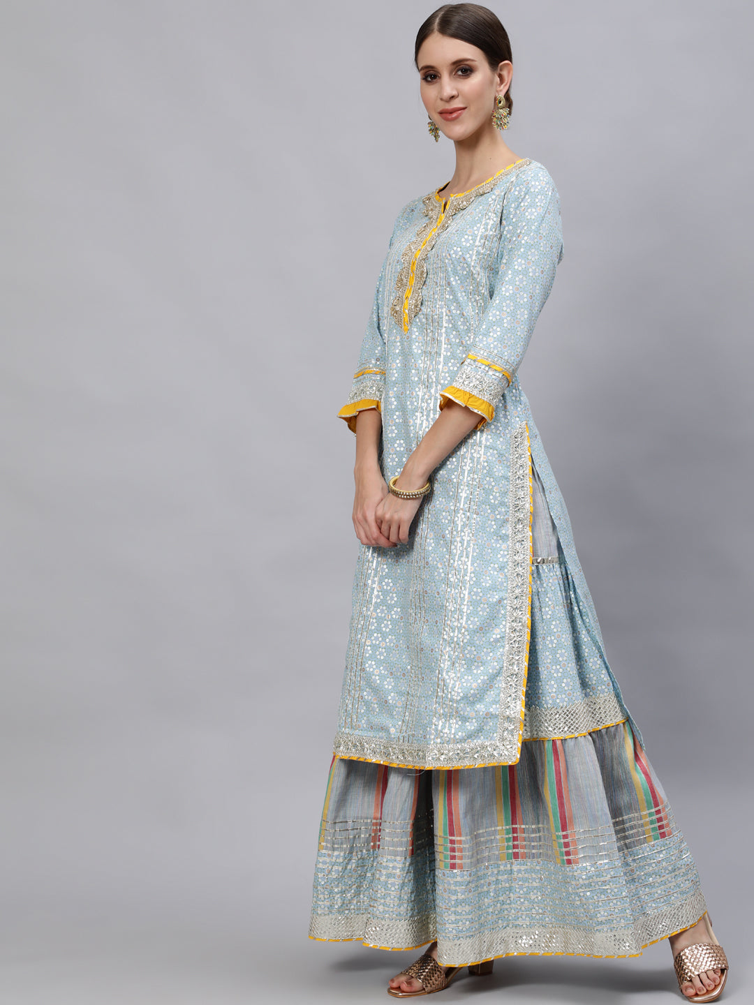 Ishin Women's Cotton Blue Gotta Patti Embroidered A-Line Kurta Sharara Dupatta Set