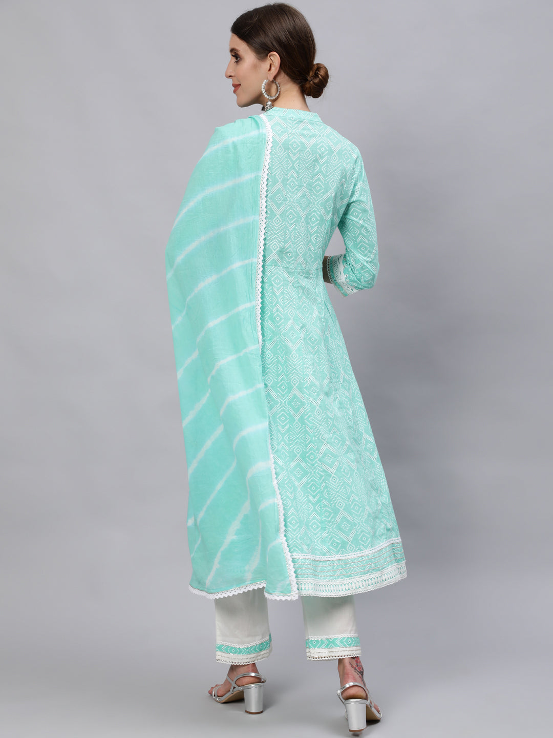Ishin Women's Cotton Sea Green & White Embroidered Anarkali Kurta Trouser Dupatta Set