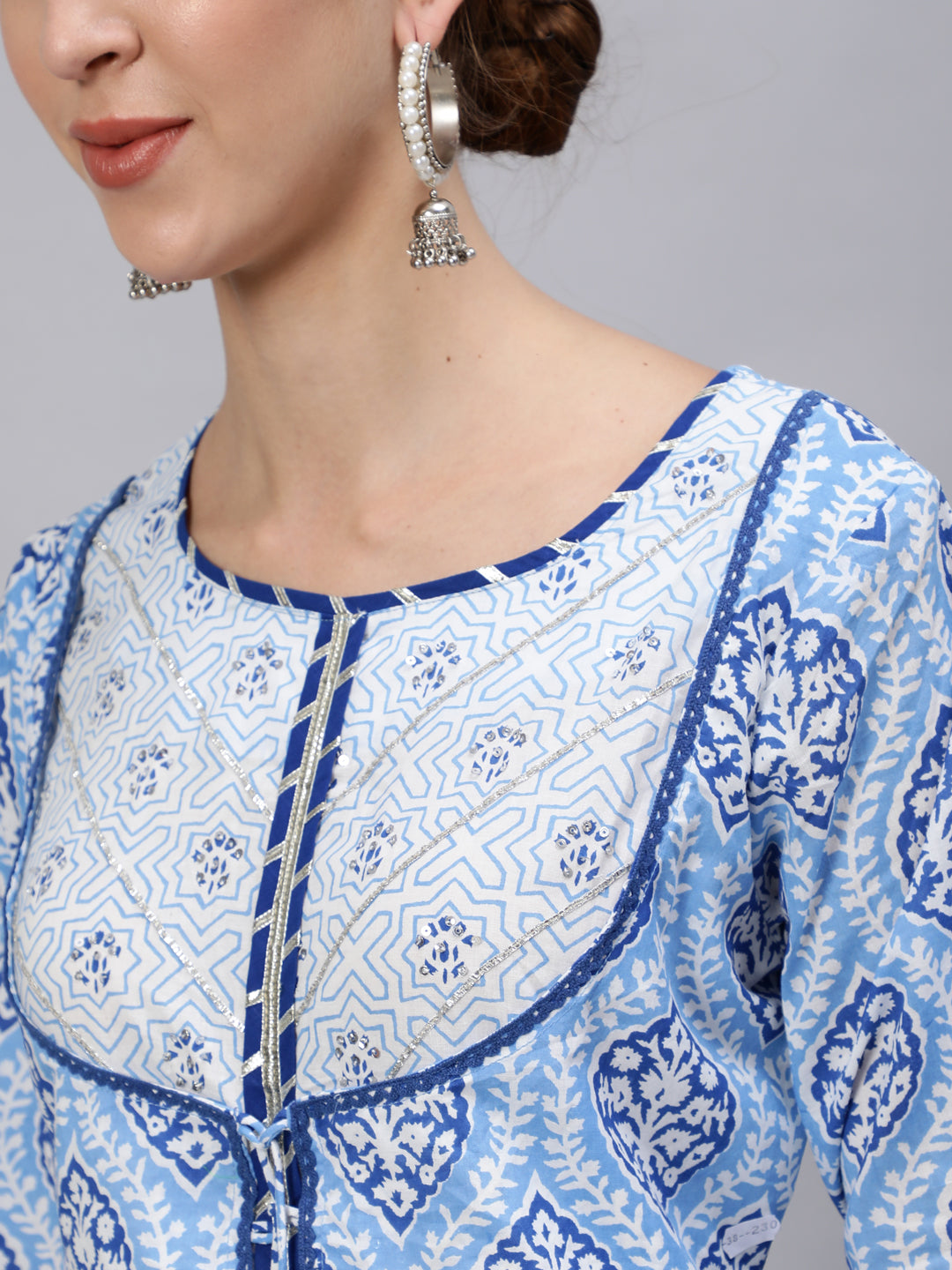 Ishin Women's Cotton Blue Gotta Patti Embroidered Anarkali Kurta Trouser Dupatta Set
