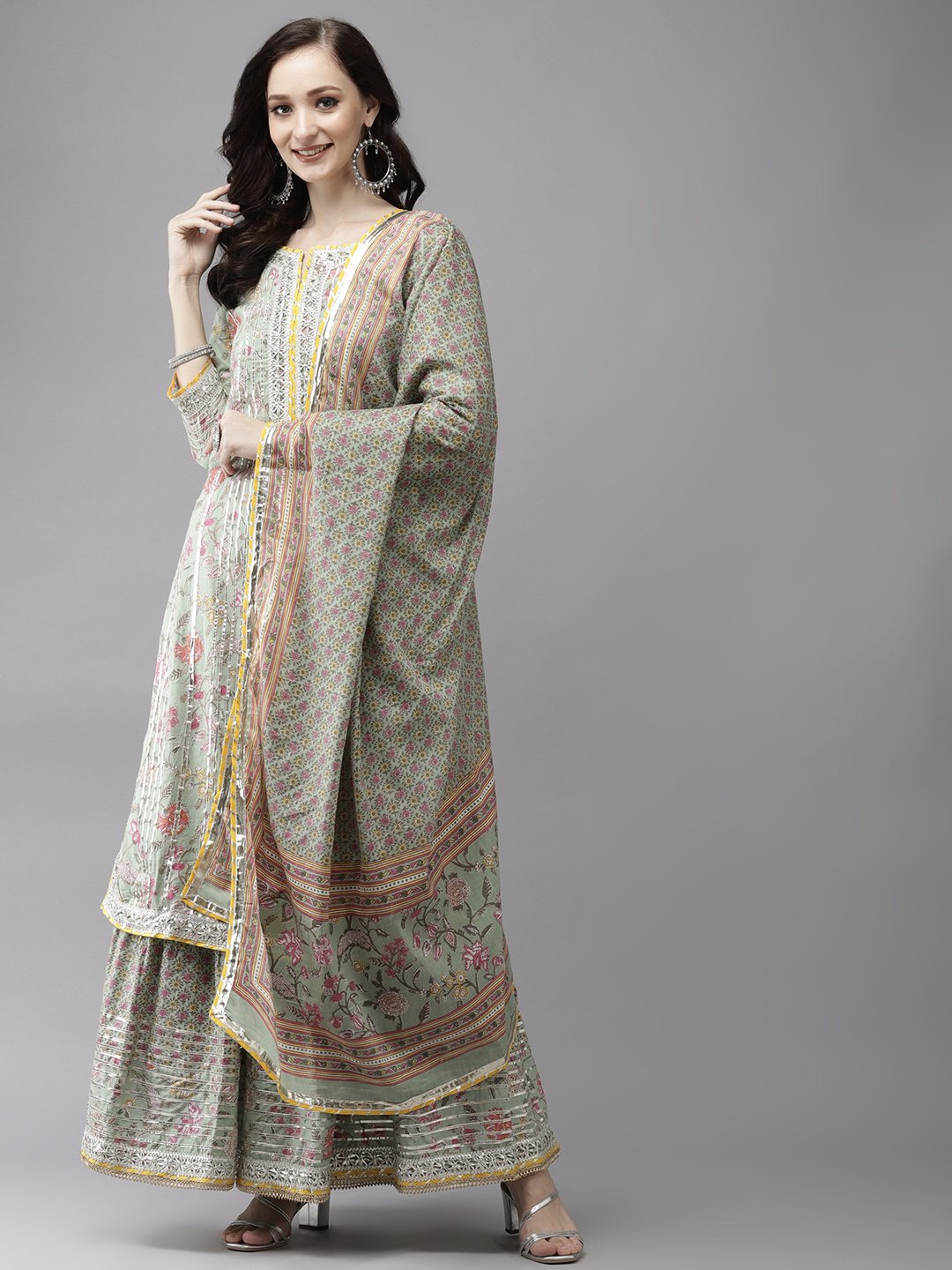 Ishin Women's Cotton Green Gotta Patti Embroidered A-Line Kurta Sharara Dupatta Set