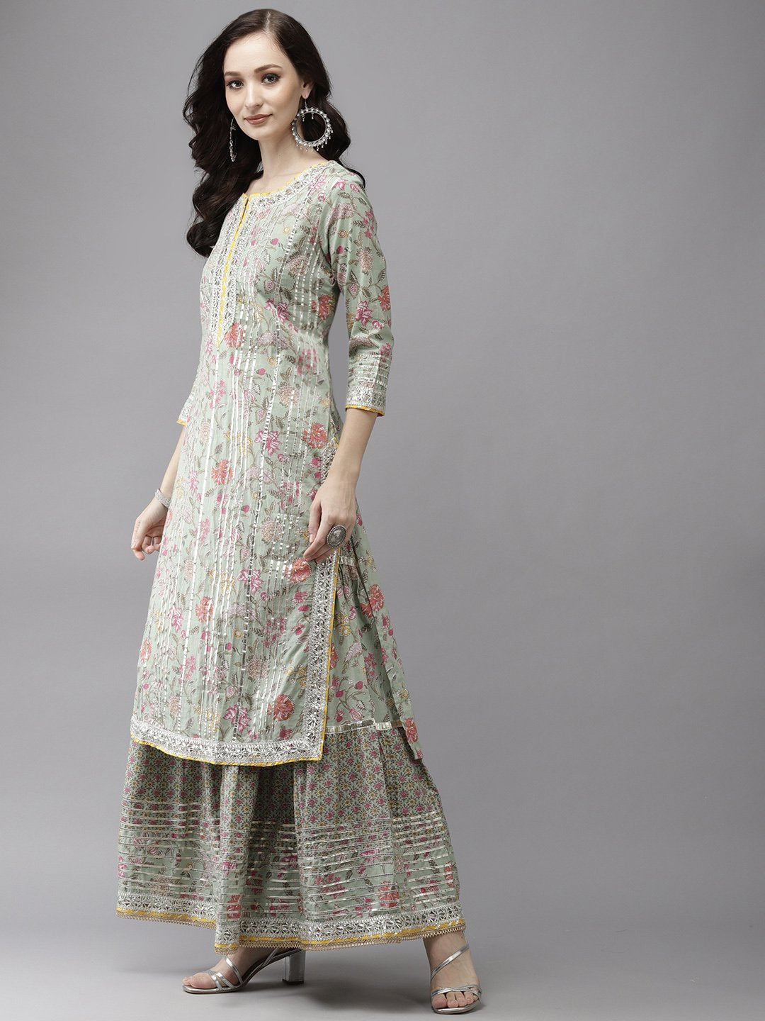 Ishin Women's Cotton Green Gotta Patti Embroidered A-Line Kurta Sharara Dupatta Set