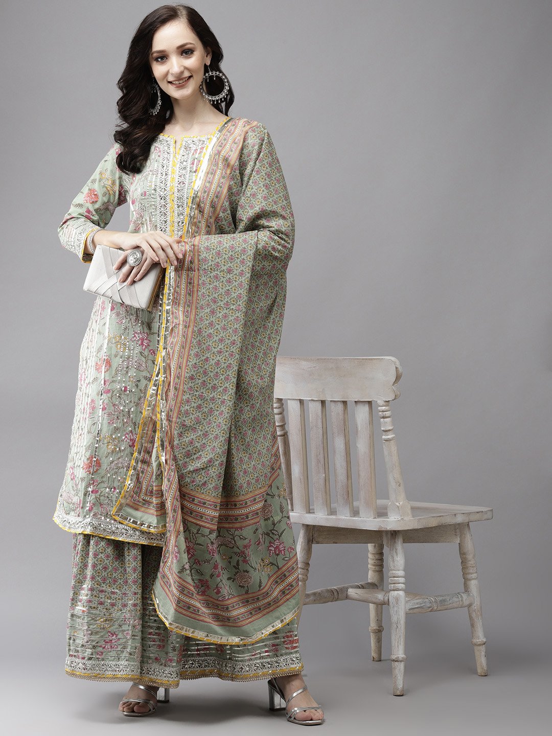 Ishin Women's Cotton Green Gotta Patti Embroidered A-Line Kurta Sharara Dupatta Set