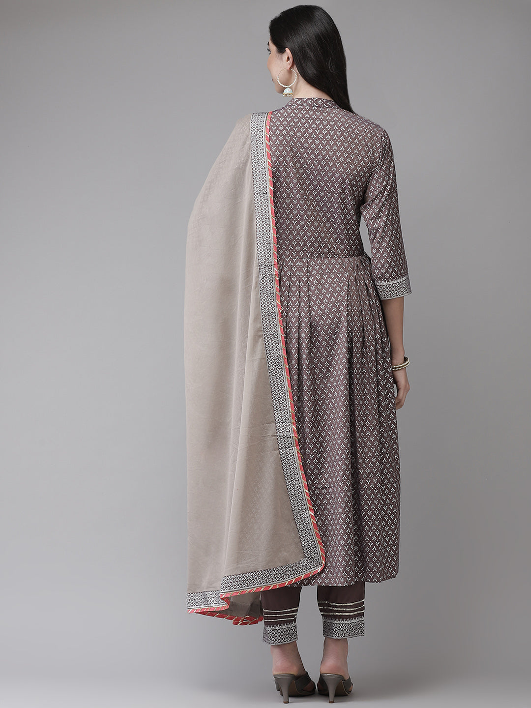Ishin Women's Viscose Rayon Mauve Embroidered A-Line Kurta Trouser Dupatta Set