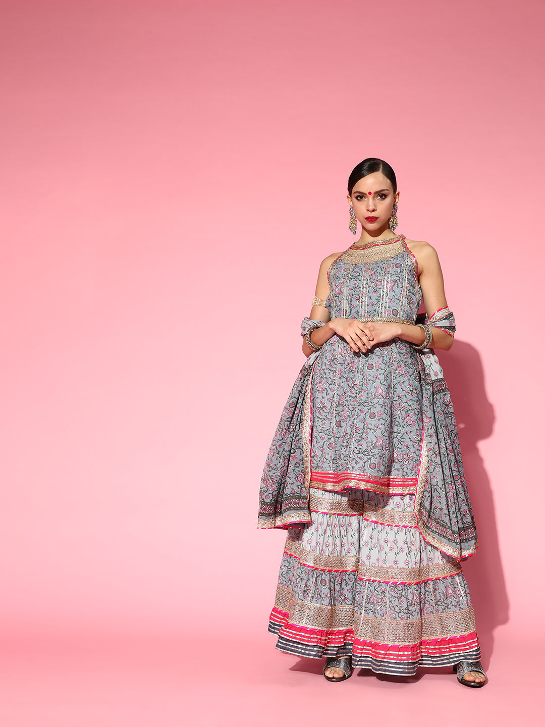 Ishin Women's Cotton Grey Gotta Patti Embroidered Anarkali Peplum Kurta Sharara Dupatta Set 