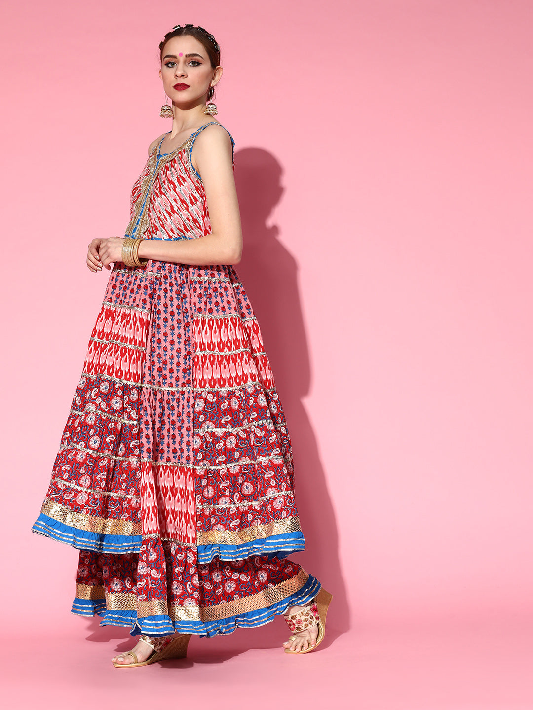 Ishin Women's Cotton Pink Gotta Patti Embroidered Anarkali Kurta Sharara Dupatta Set