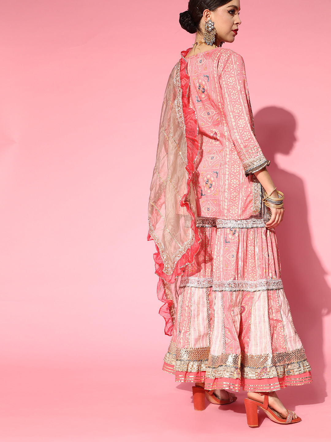 Ishin Women's Cotton Pink Gotta Patti Embroidered A-Line Kurta Sharara Dupatta Set 