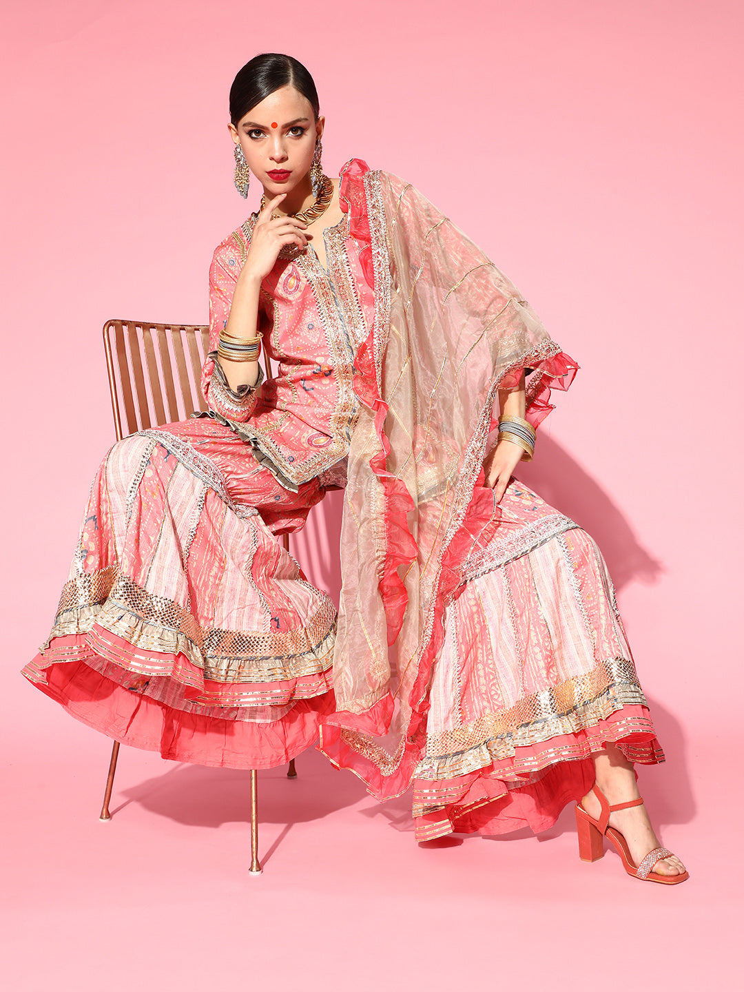 Ishin Women's Cotton Pink Gotta Patti Embroidered A-Line Kurta Sharara Dupatta Set