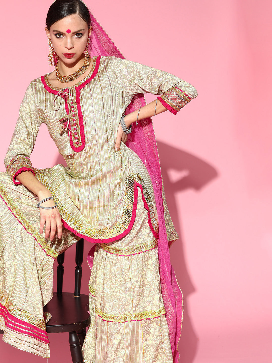 Ishin Women's Cotton Beige Gotta Patti Embroidered A-Line Kurta Sharara Dupatta Set