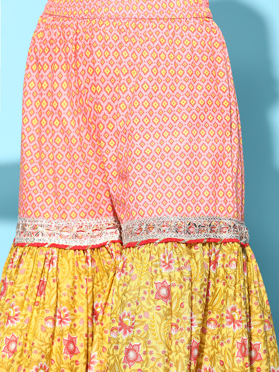 Ishin Women's Yellow Gotta Patti Embroidered A-Line Kurta Sharara Dupatta Set 