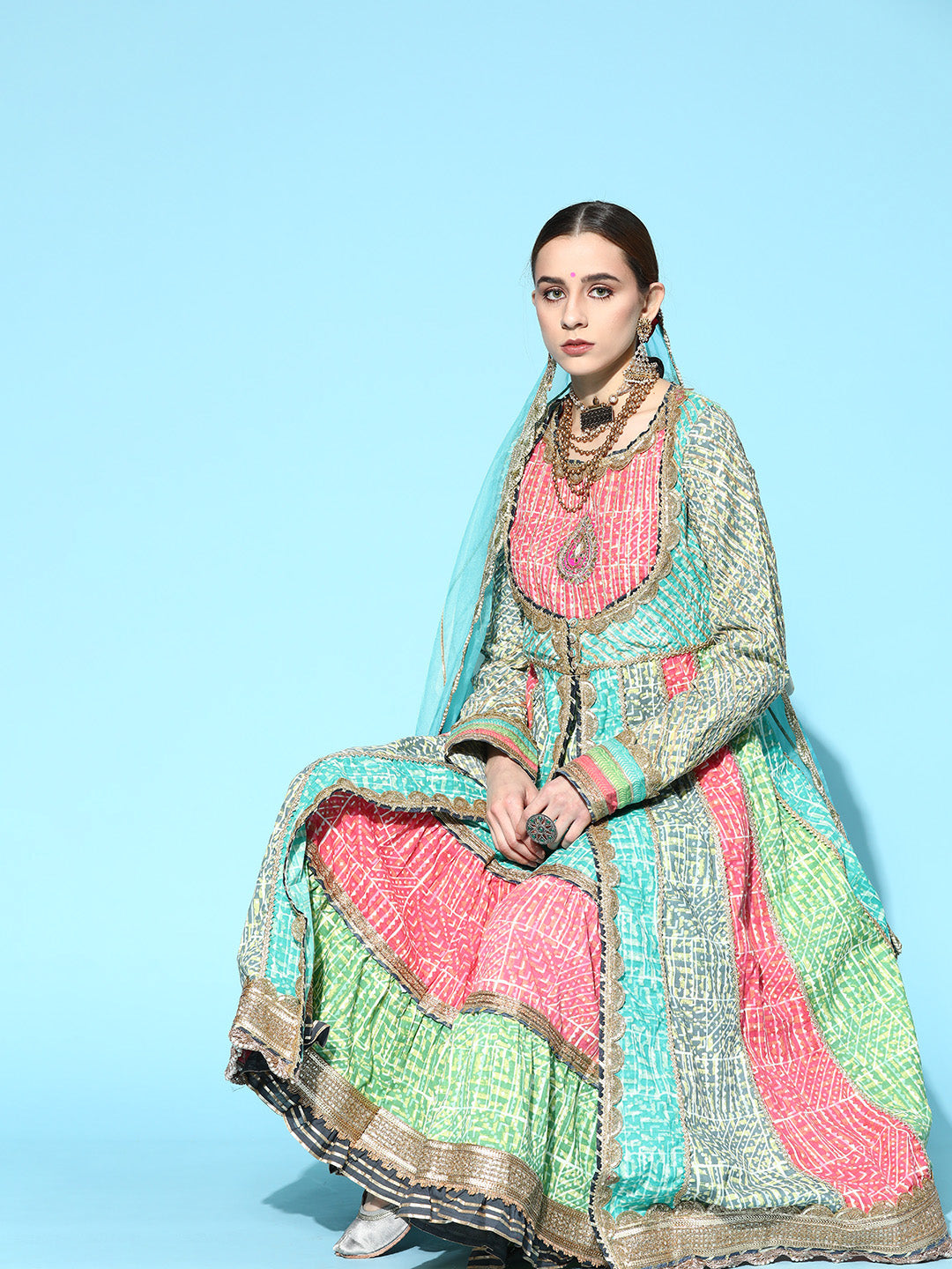 Ishin Women's Cotton Multicolor Embroidered Anarkali Kurta Sharara Dupatta Set 