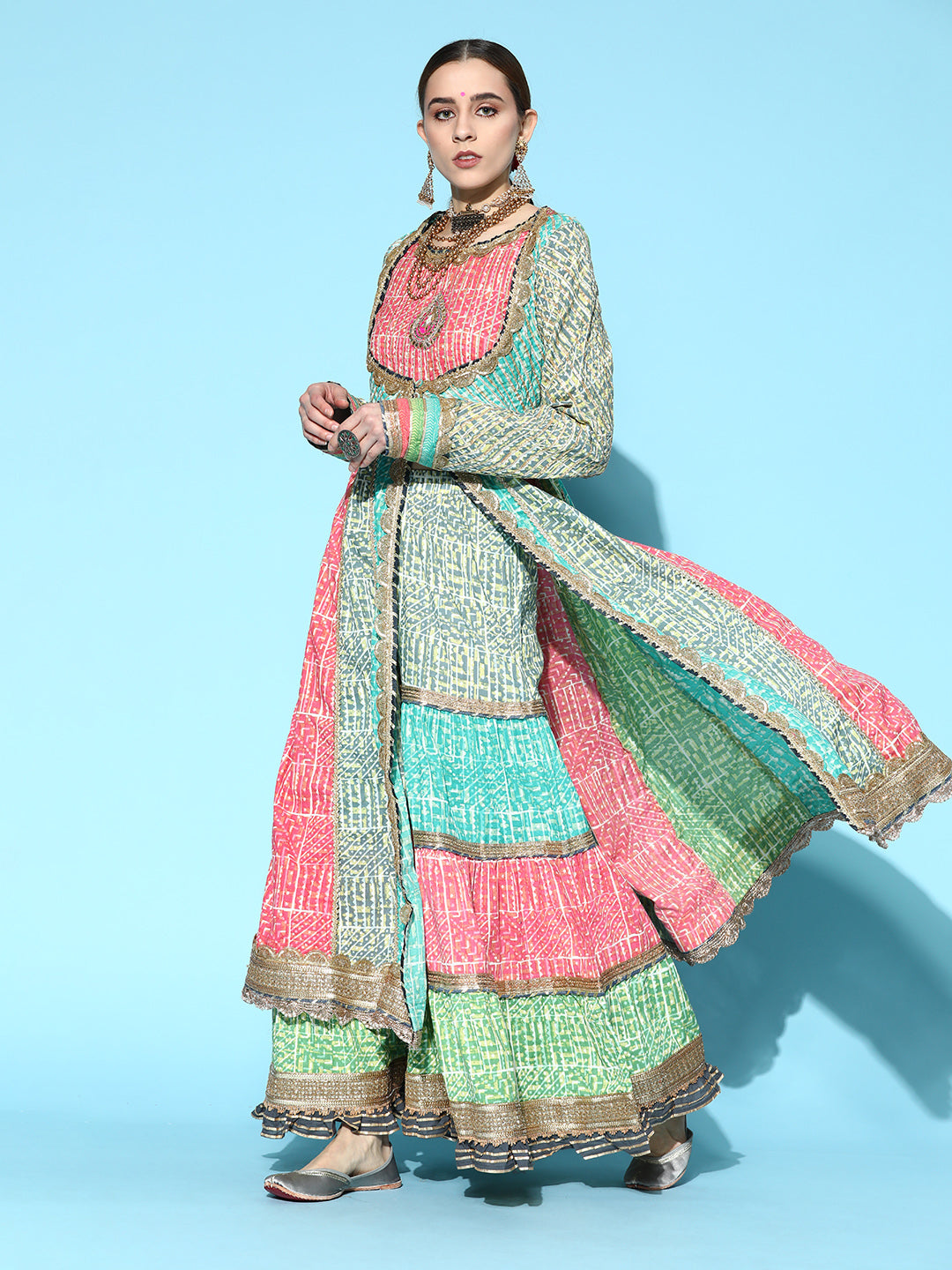 Ishin Women's Cotton Multicolor Embroidered Anarkali Kurta Sharara Dupatta Set