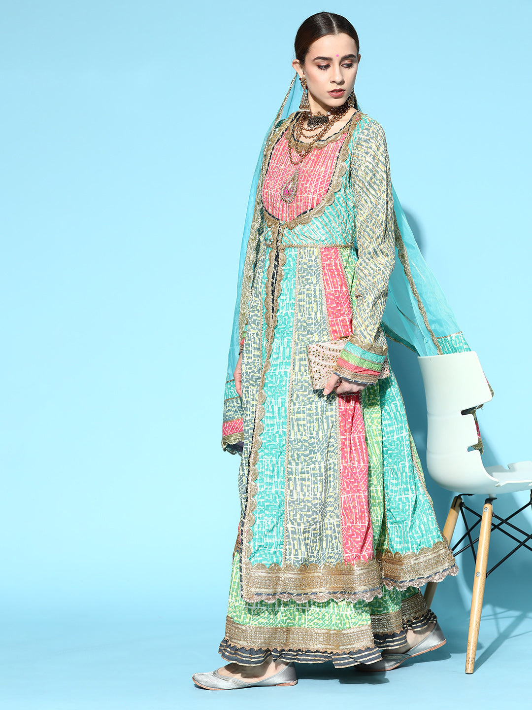 Ishin Women's Cotton Multicolor Embroidered Anarkali Kurta Sharara Dupatta Set