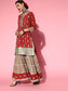 Ishin Women's Viscose Rayon Red Embroidered A-Line Kurta Sharara Dupatta Set