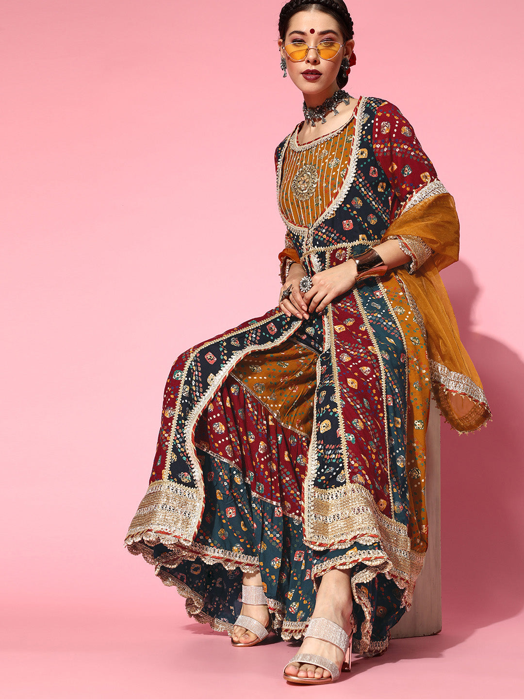 Ishin Women's Rayon Multicolor Embroidered Anarkali Kurta Sharara Dupatta Set 