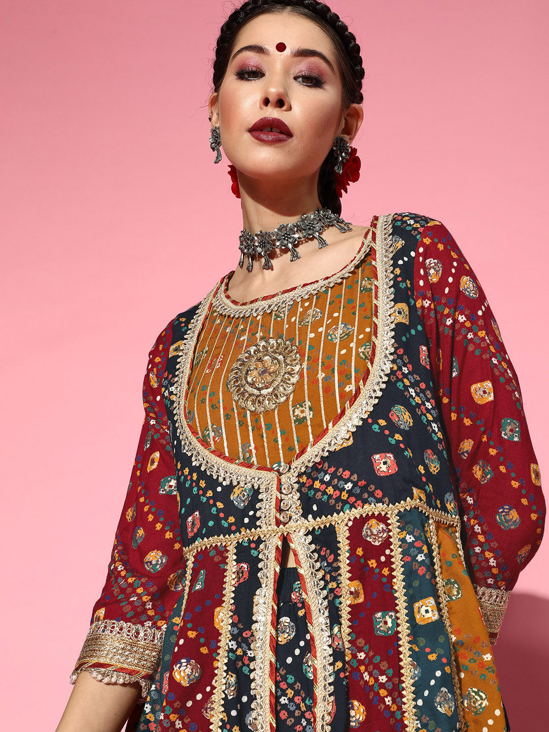 Ishin Women's Rayon Multicolor Embroidered Anarkali Kurta Sharara Dupatta Set 