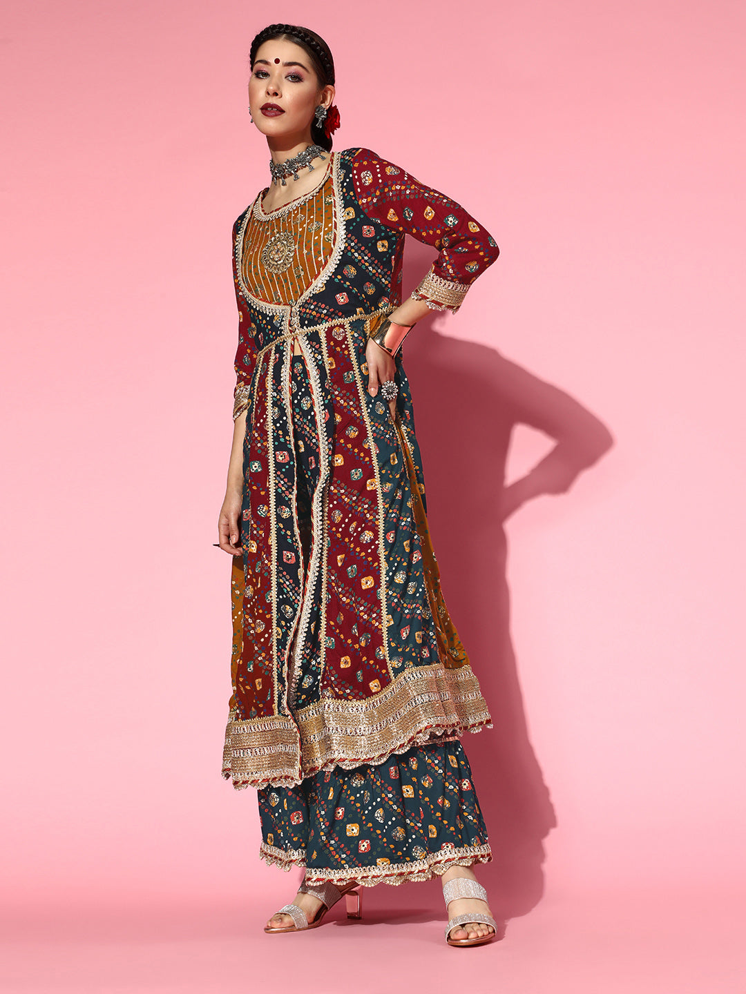 Ishin Women's Rayon Multicolor Embroidered Anarkali Kurta Sharara Dupatta Set