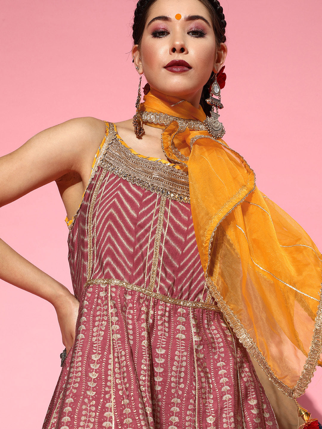 Ishin Women's Art Silk Pink Embroidered Anarkali Peplum Kurta Sharara Dupatta Set