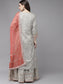 Ishin Women's Grey Embroidered A-Line Kurta Sharara,Dupatta Set
