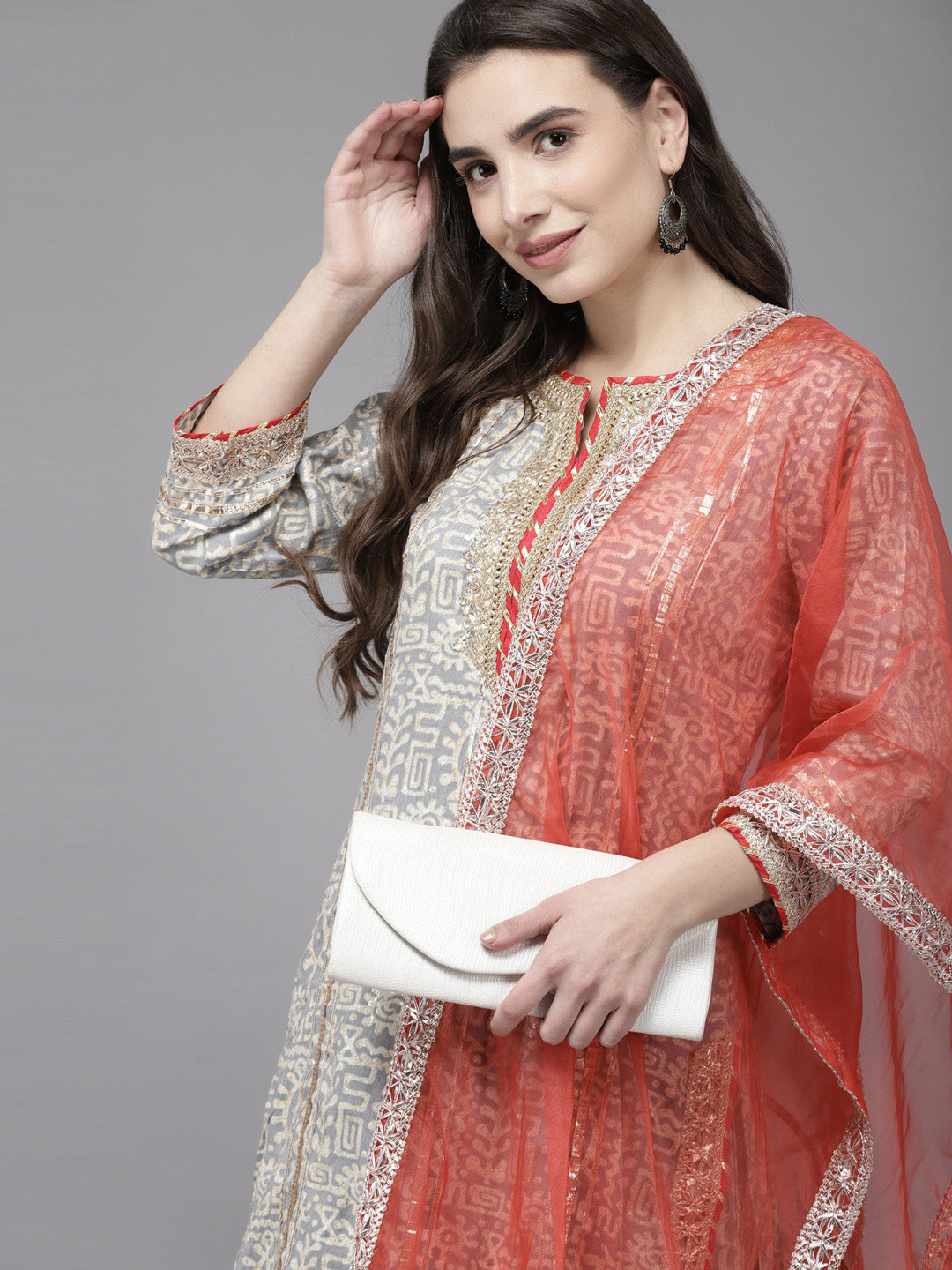 Ishin Women's Grey Embroidered A-Line Kurta Sharara,Dupatta Set