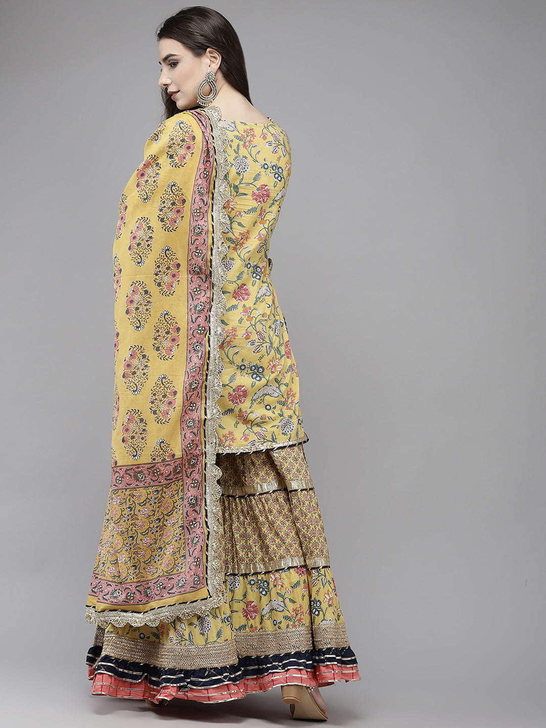 Ishin Women's Cotton Blend Yellow Embroidered A-Line Kurta Sharara Dupatta Set