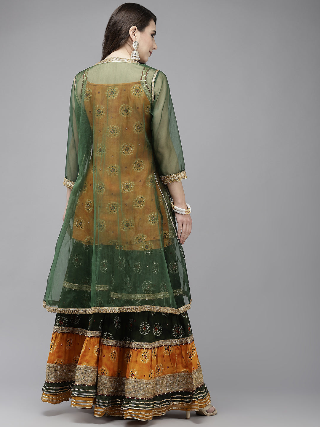 Ishin Women's Mustard & Green Embroidered A-Line Kurta Sharara Set With Jacket