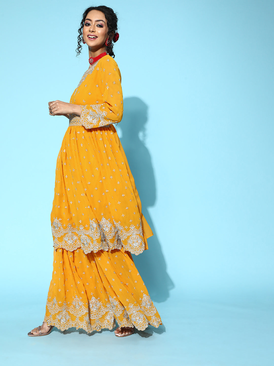 Ishin Women's Georgette Mustard Embroidered Anarkali Kurta Sharara Dupatta Set