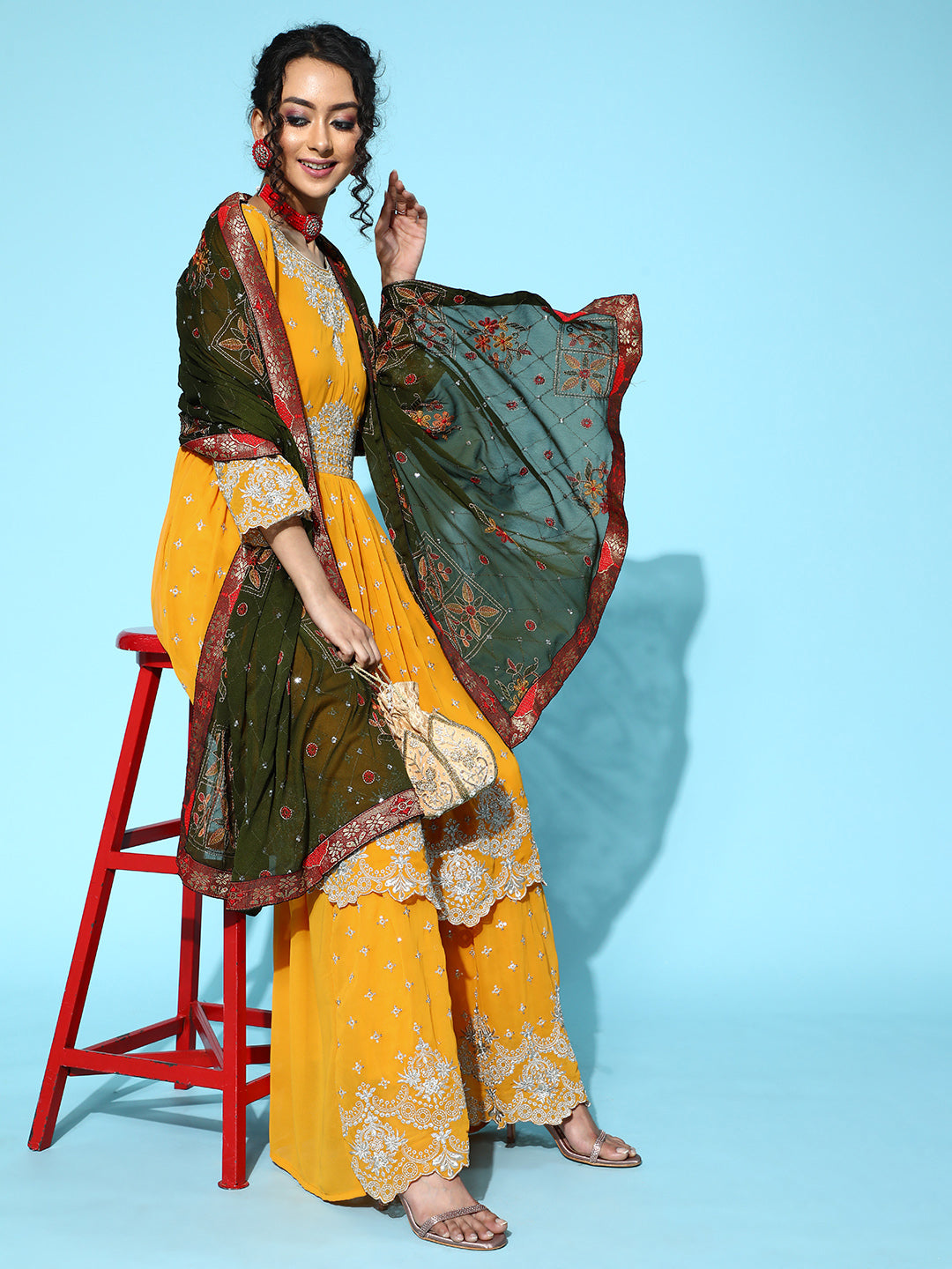 Ishin Women's Georgette Mustard Embroidered Anarkali Kurta Sharara Dupatta Set