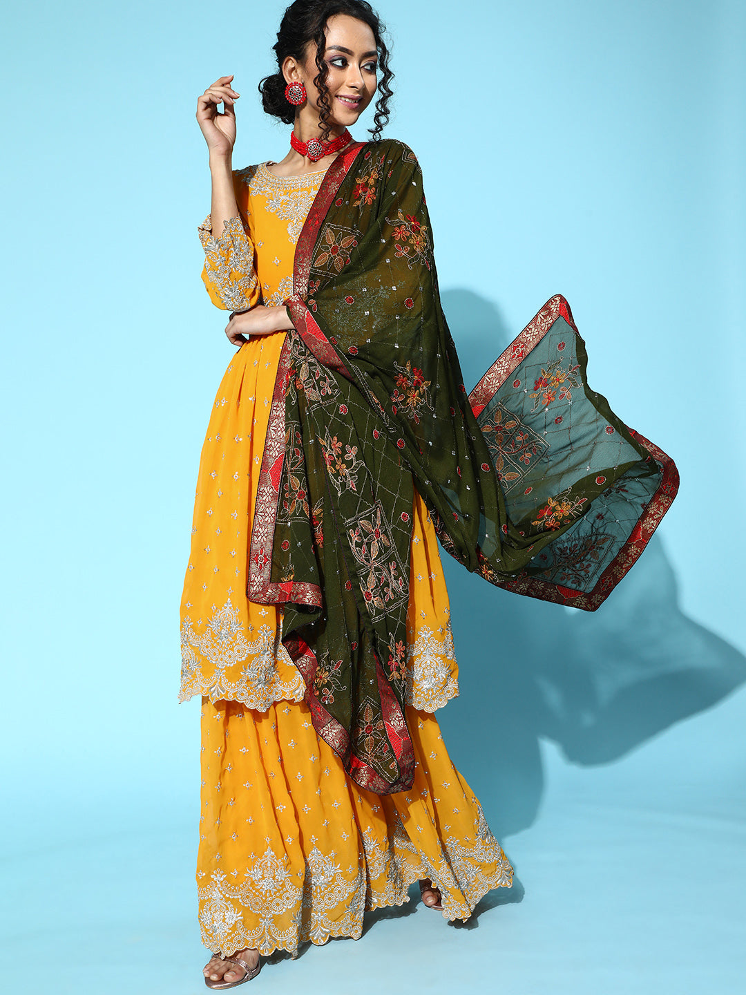 Ishin Women's Georgette Mustard Embroidered Anarkali Kurta Sharara Dupatta Set