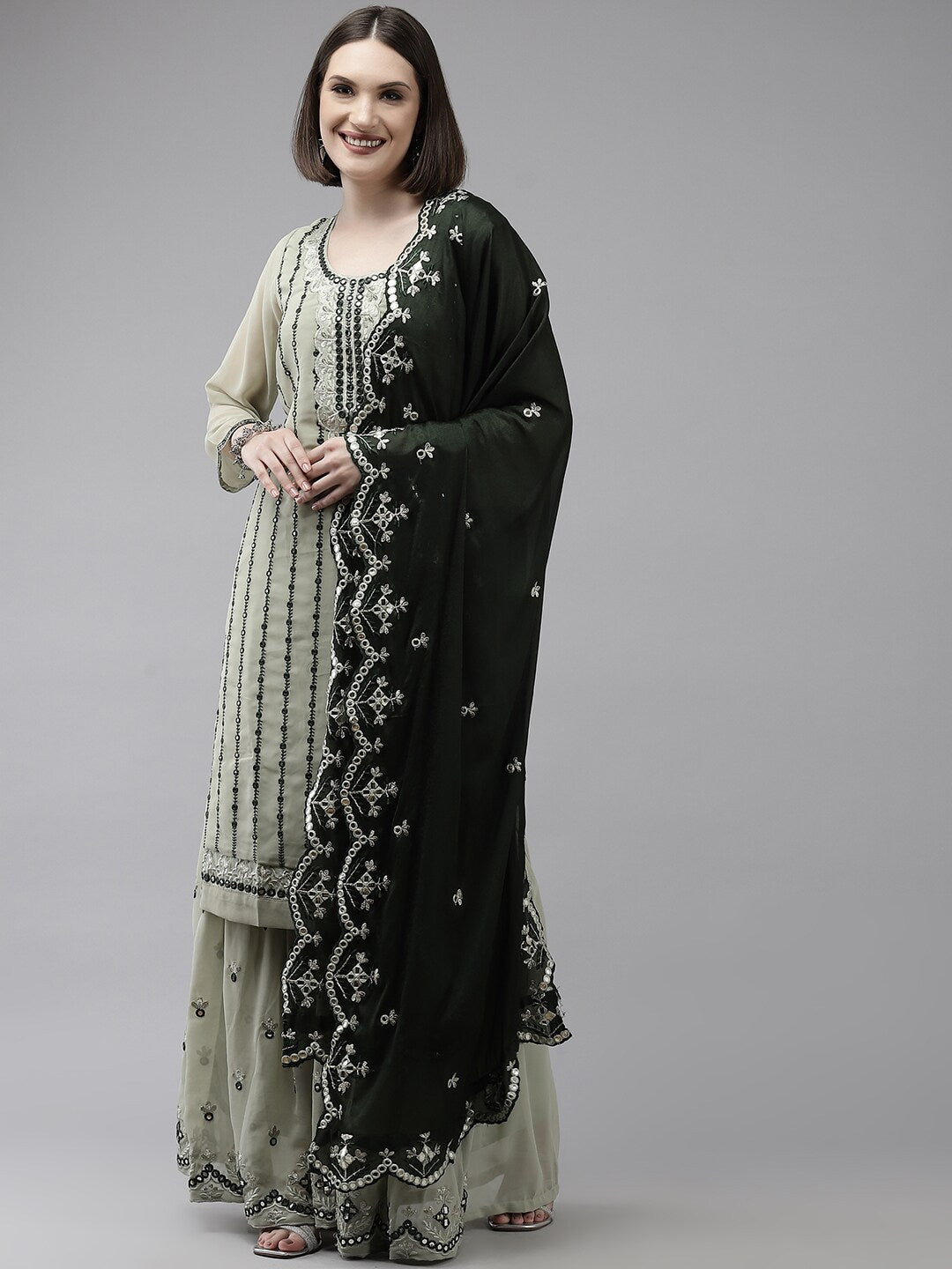 Ishin Women's Georgette Green Embroidered A-line Kurta Sharara Dupatta Set