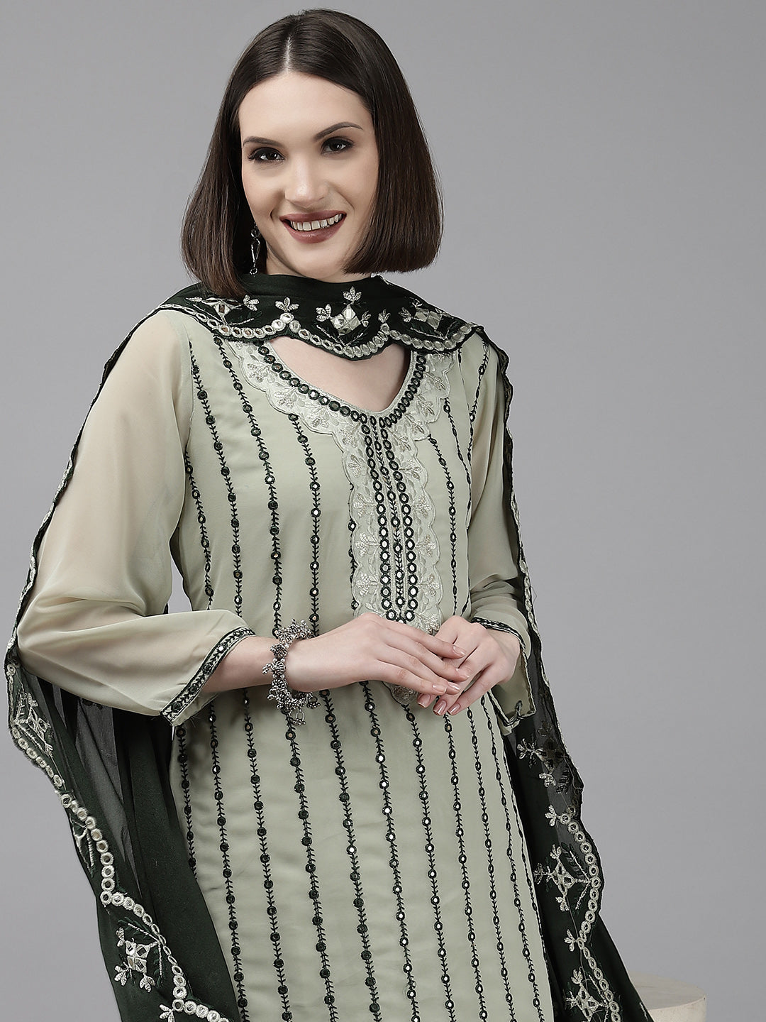 Ishin Women's Georgette Green Embroidered A-line Kurta Sharara Dupatta Set