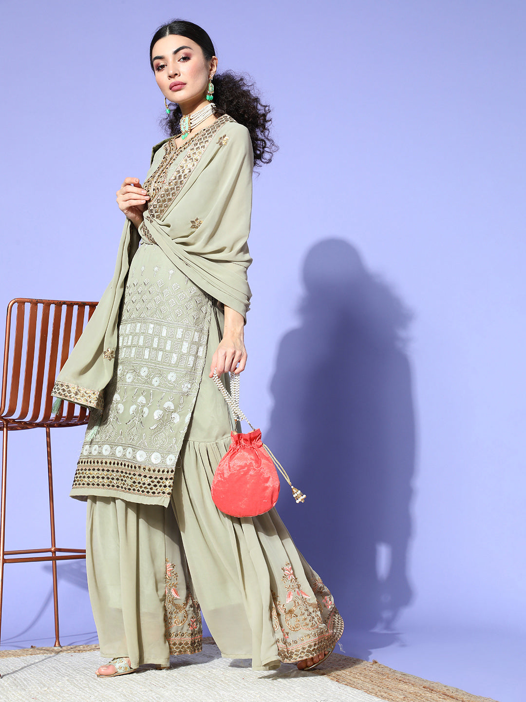 Ishin Women's Georgette Green Embroidered A-Line Kurta Sharara Dupatta Set