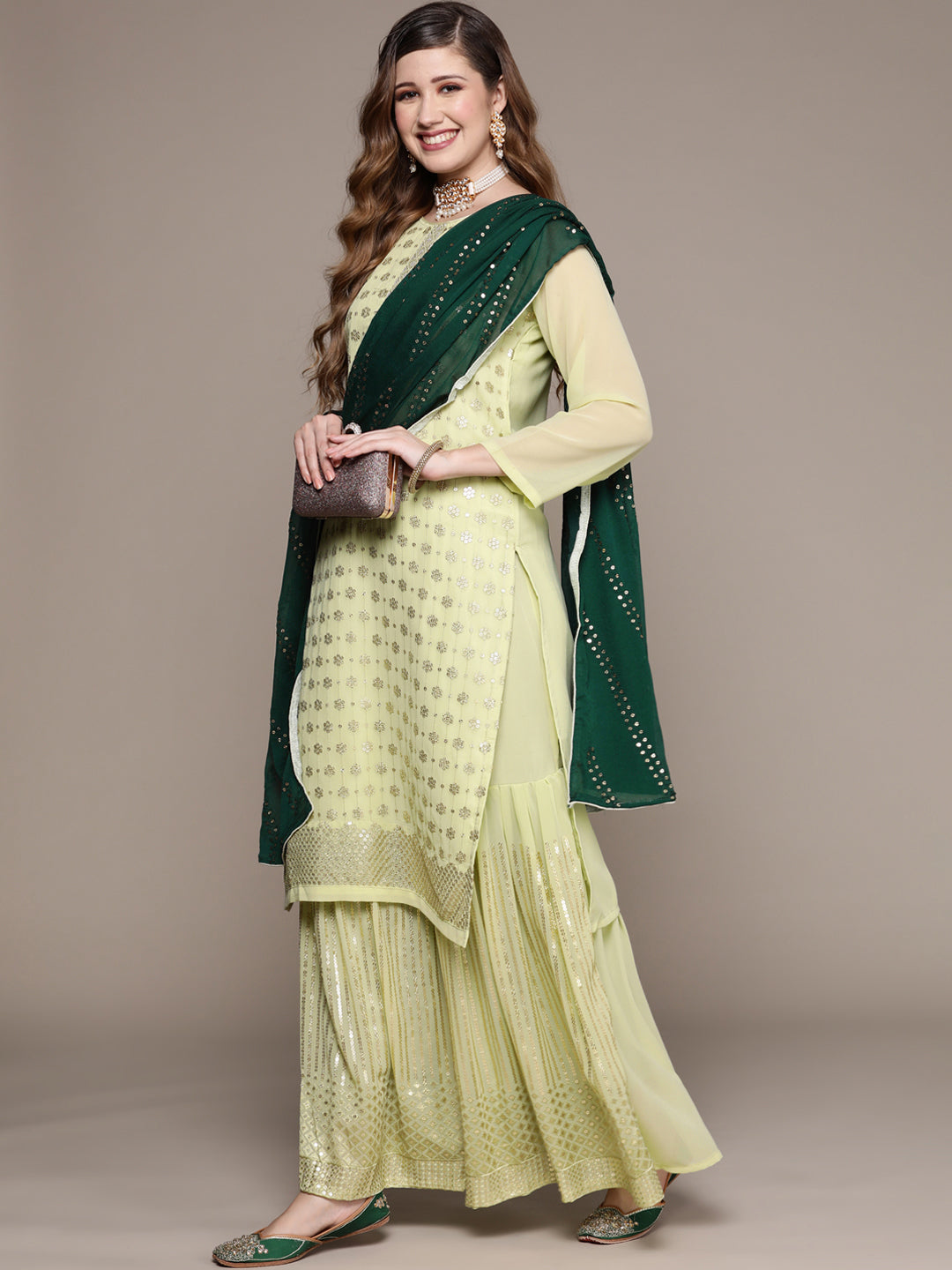 Ishin Women's Georgette Green Embroidered A-line Kurta Sharara Dupatta Set