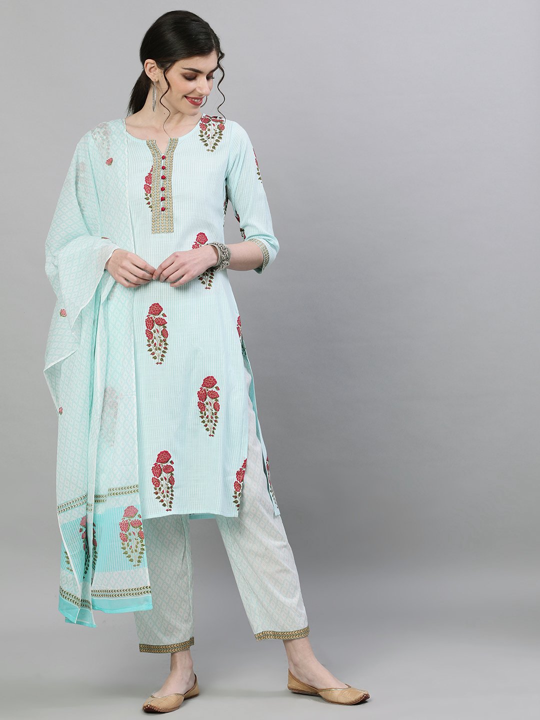 Ishin Women's Rayon Blue Embroidered Straight Kurta Trouser Dupatta Set