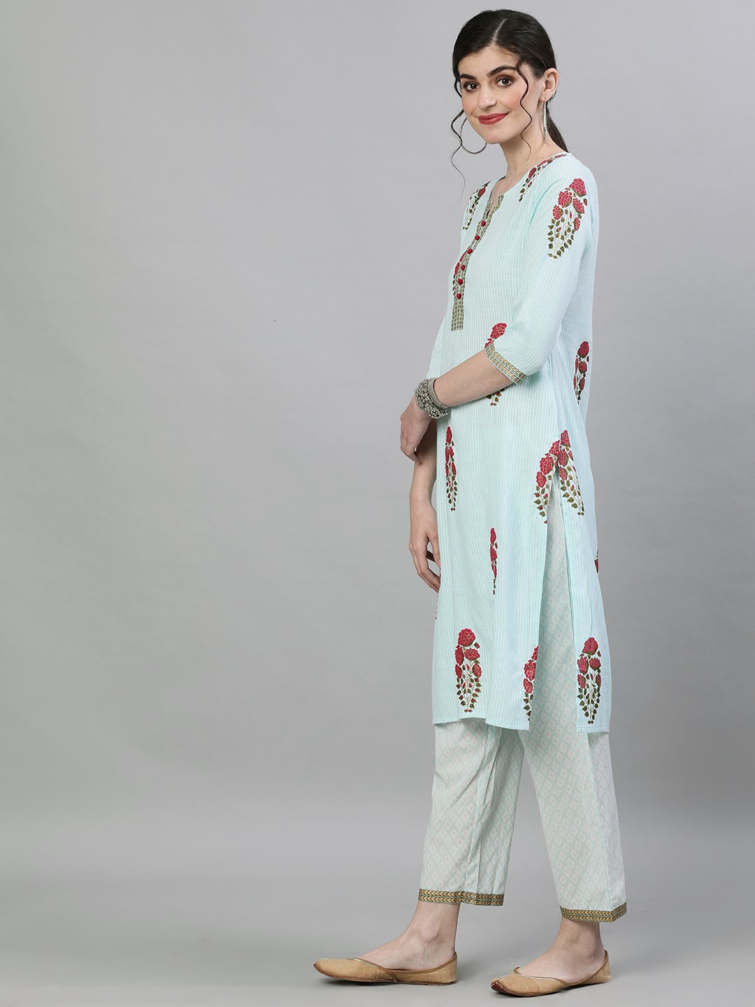 Ishin Women's Rayon Blue Embroidered Straight Kurta Trouser Dupatta Set