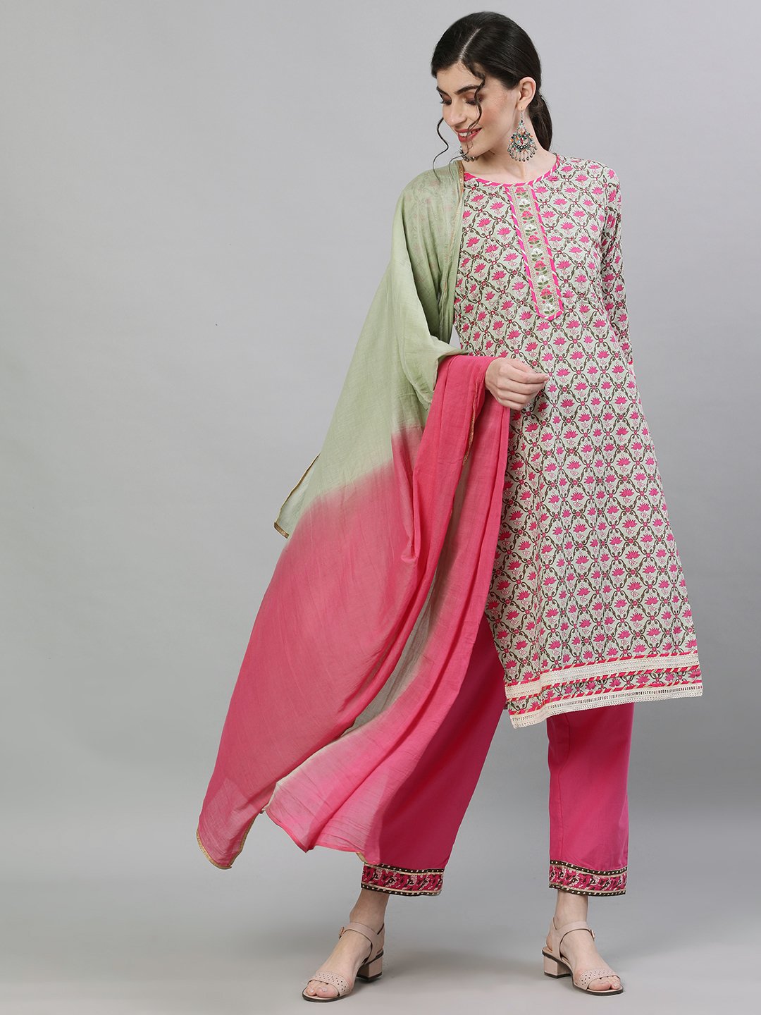 Ishin Women's Cotton Green & Pink Embellished Straight Kurta Trouser Dupatta Set