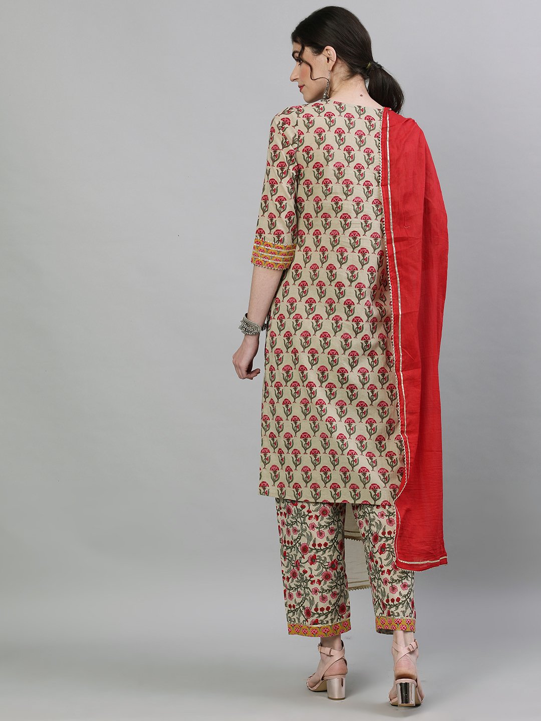 Ishin Women's Cotton Beige Embellished Straight Kurta Trouser Dupatta Set