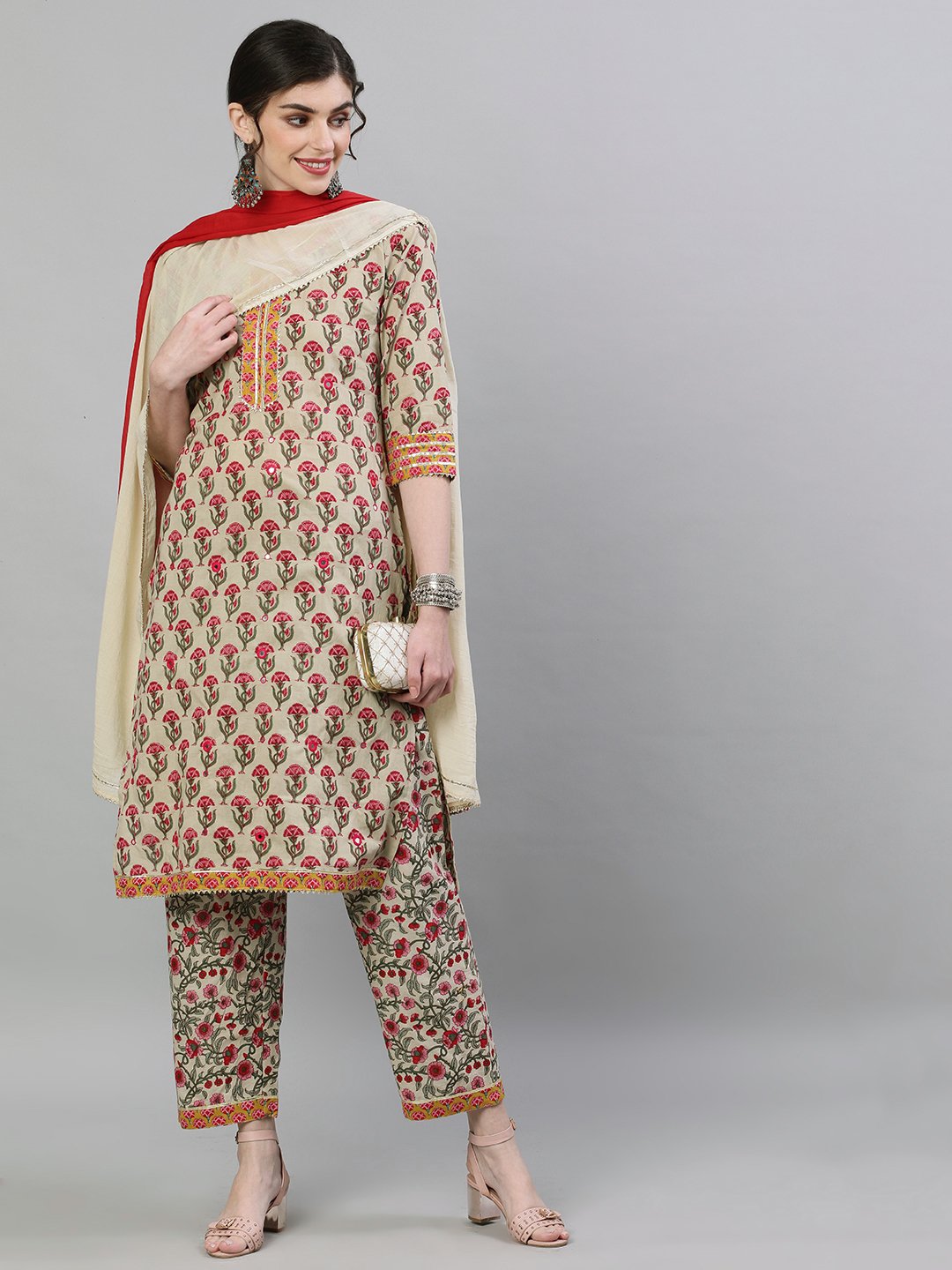 Ishin Women's Cotton Beige Embellished Straight Kurta Trouser Dupatta Set