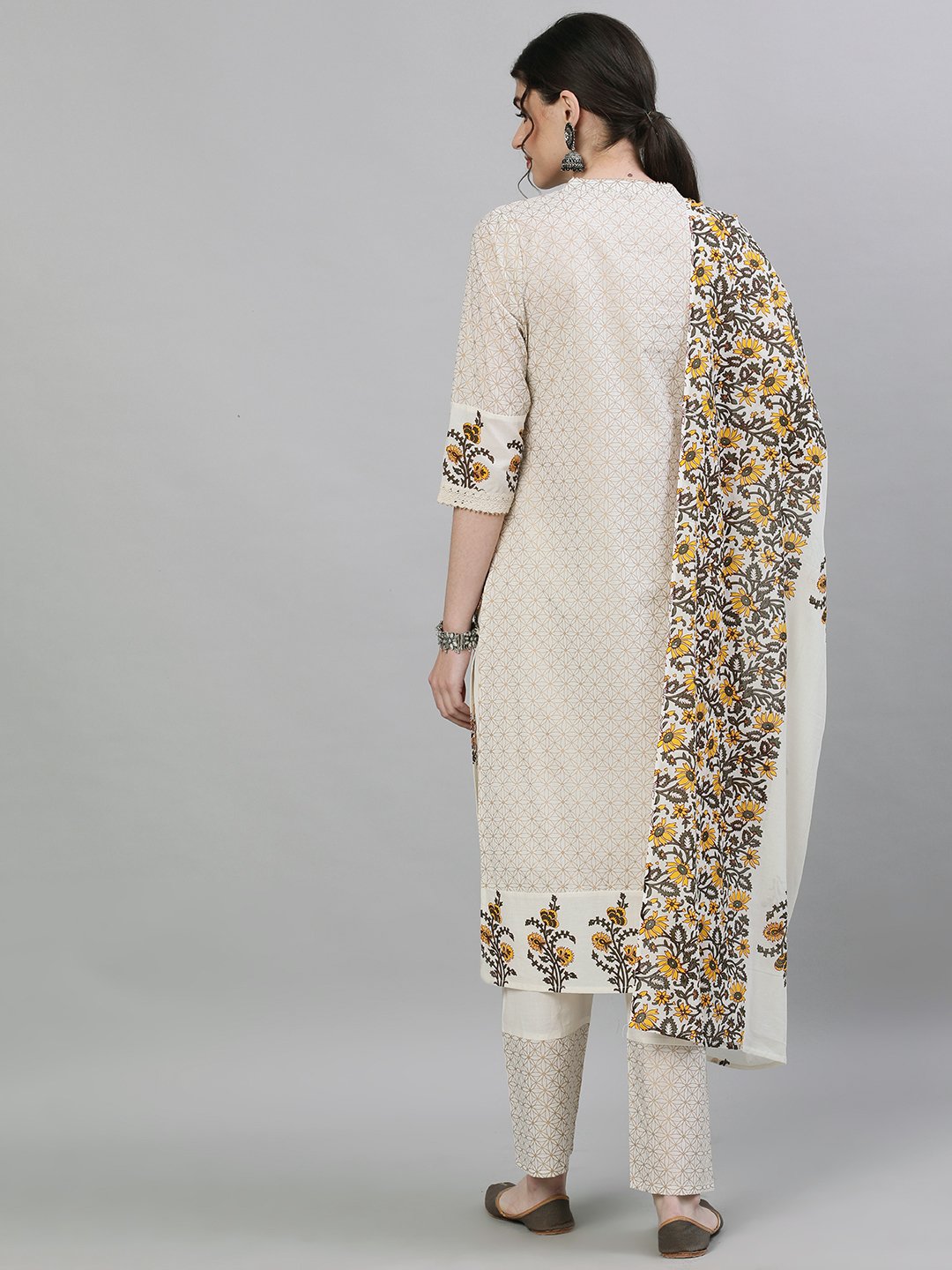 Ishin Women's Cotton Off White Printed Straight Kurta Trouser Dupatta Set