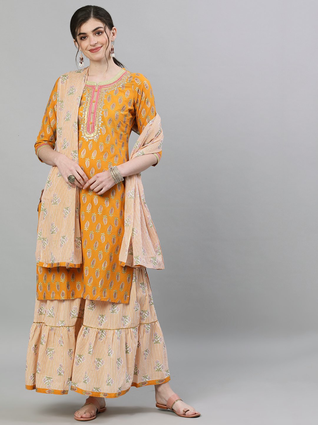 Ishin Women's Cotton Mustard & Off White Embellished Straight Kurta Sharara Dupatta Set
