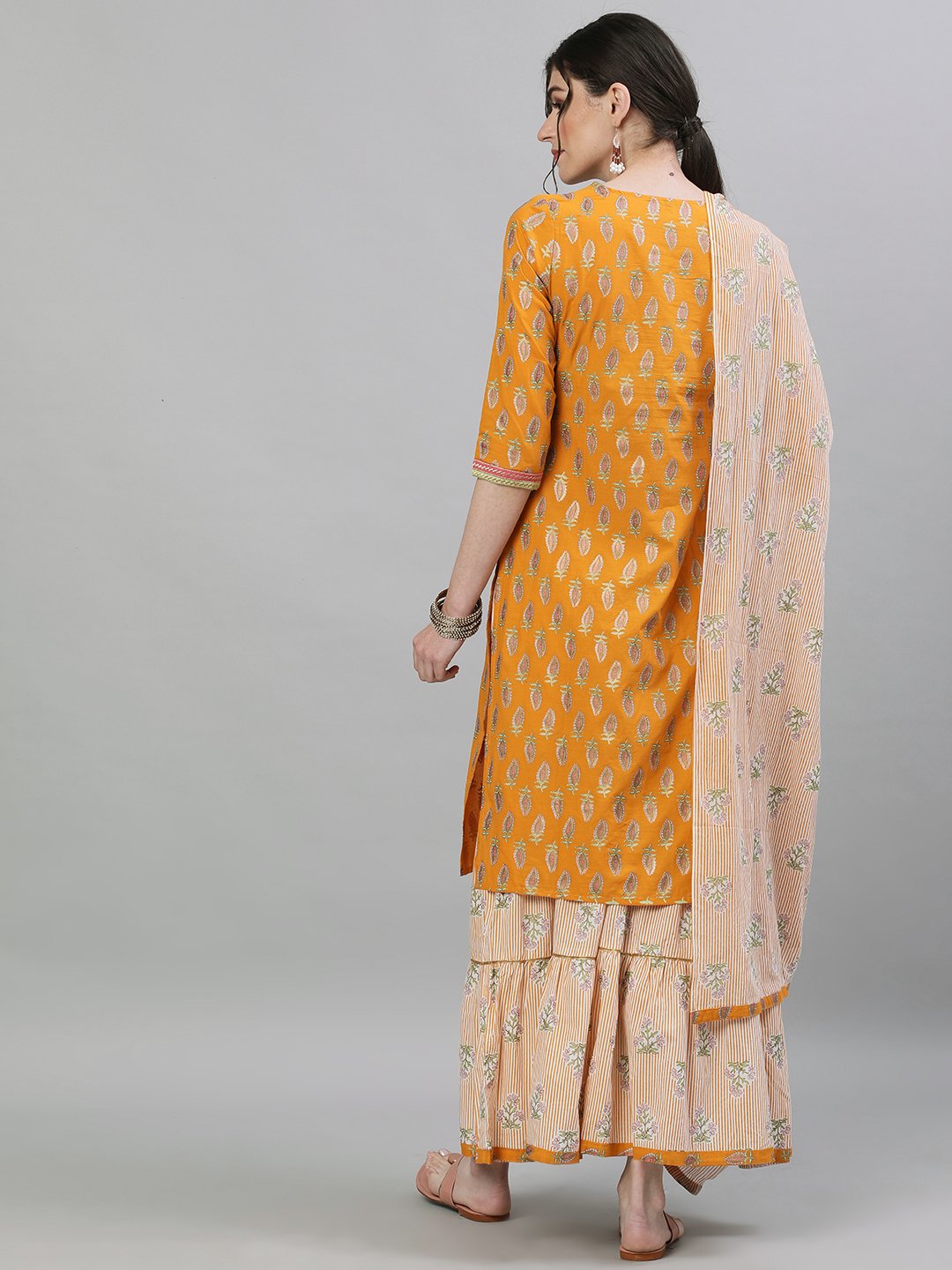 Ishin Women's Cotton Mustard & Off White Embellished Straight Kurta Sharara Dupatta Set