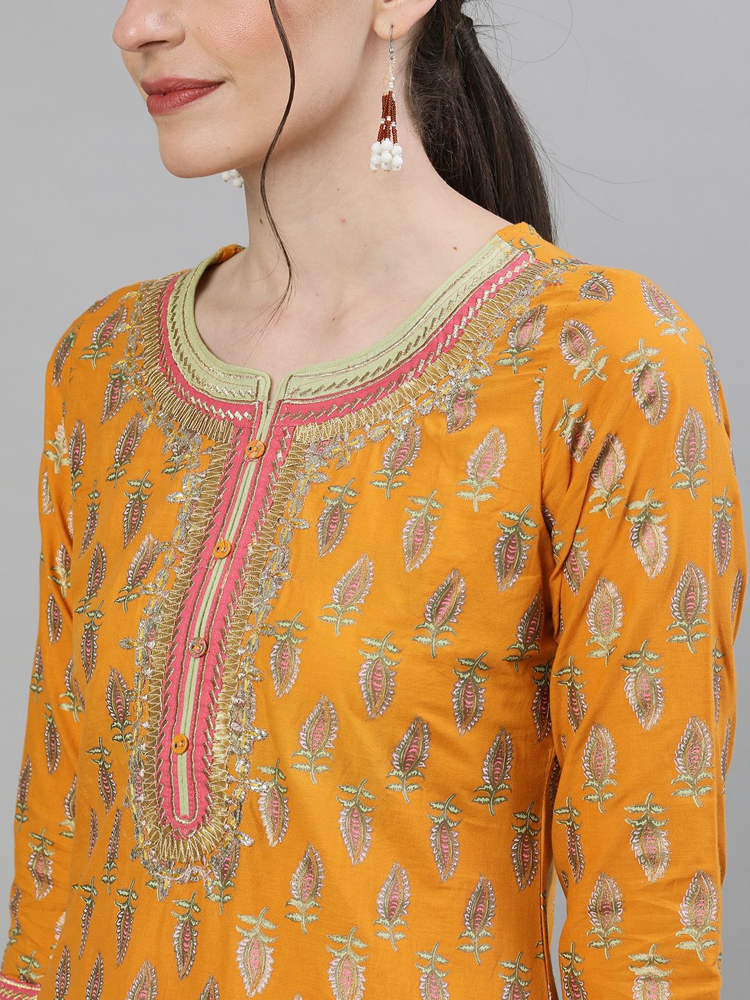 Ishin Women's Cotton Mustard & Off White Embellished Straight Kurta Sharara Dupatta Set
