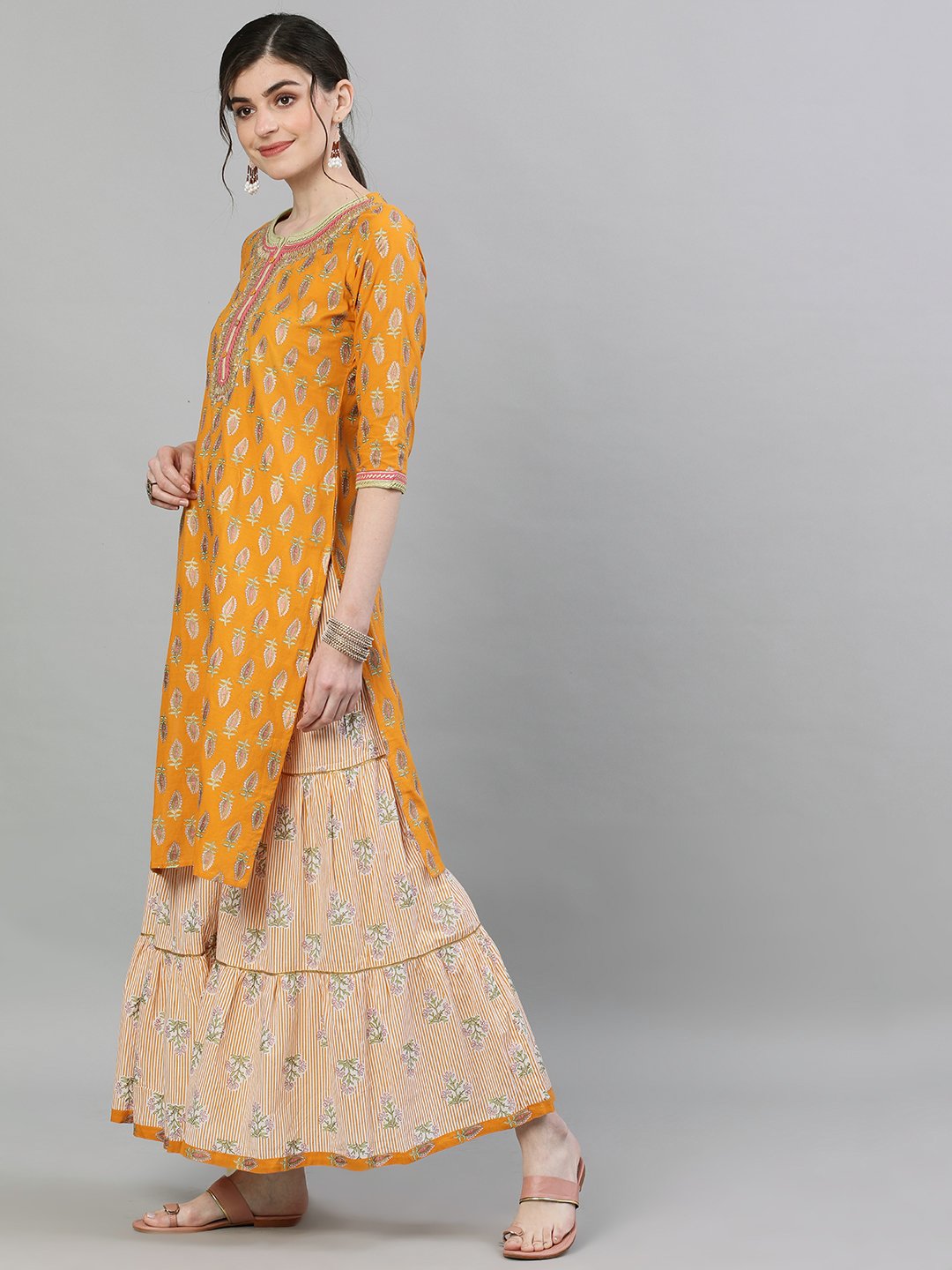 Ishin Women's Cotton Mustard & Off White Embellished Straight Kurta Sharara Dupatta Set