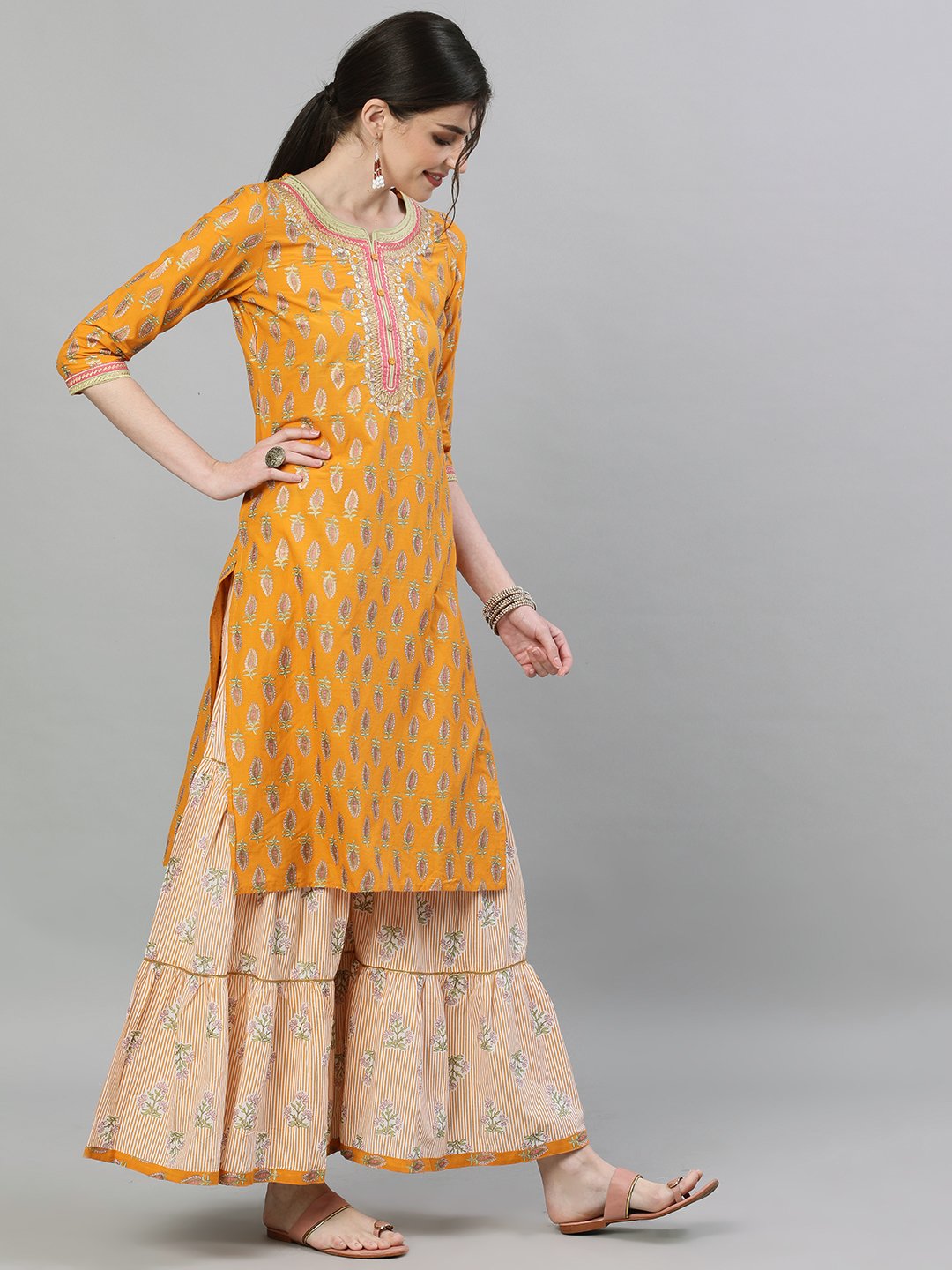 Ishin Women's Cotton Mustard & Off White Embellished Straight Kurta Sharara Dupatta Set