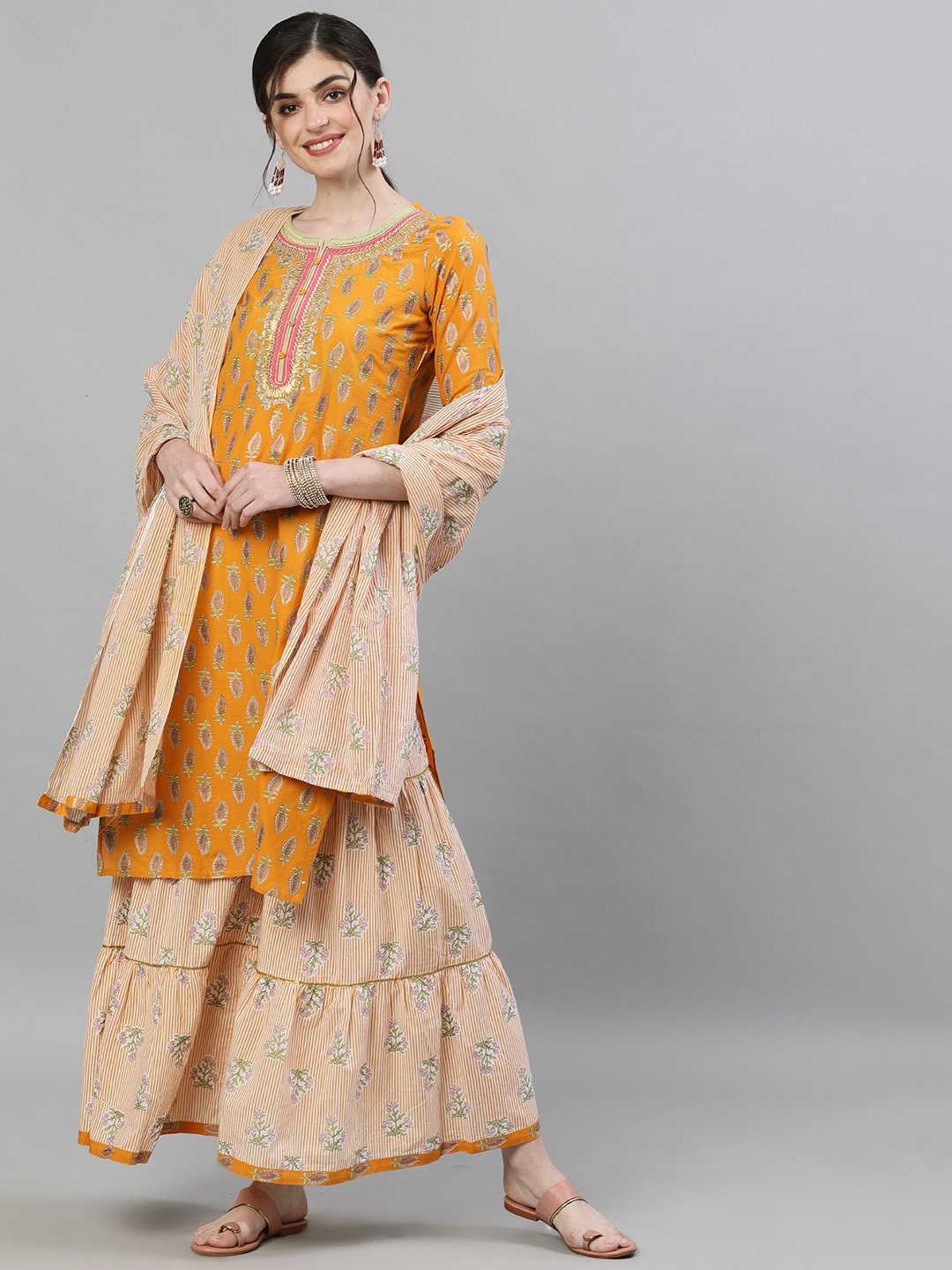 Ishin Women's Cotton Mustard & Off White Embellished Straight Kurta Sharara Dupatta Set