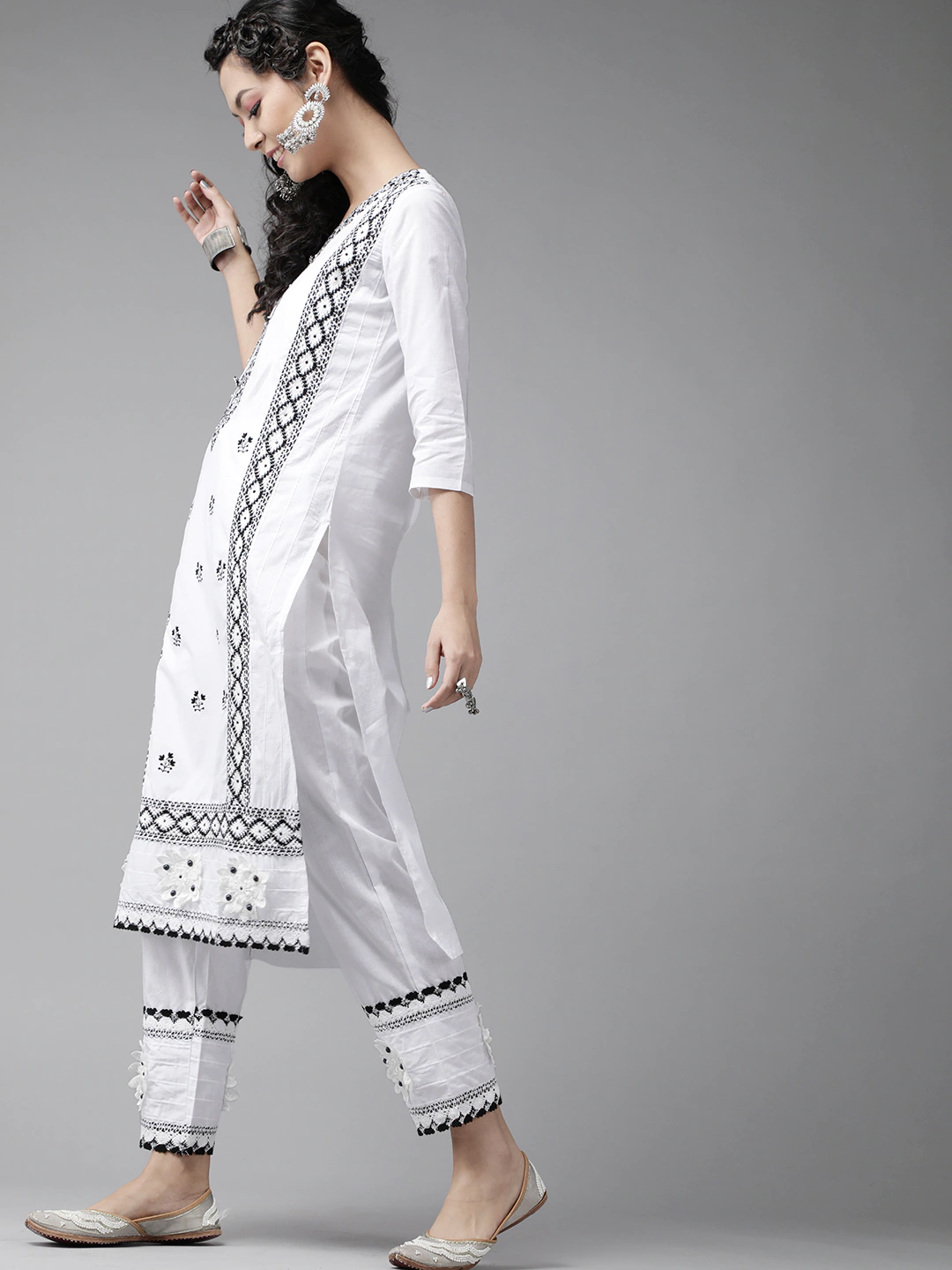 Ishin Women's White Embroidered A-Line Kurta Trouser Dupatta Set