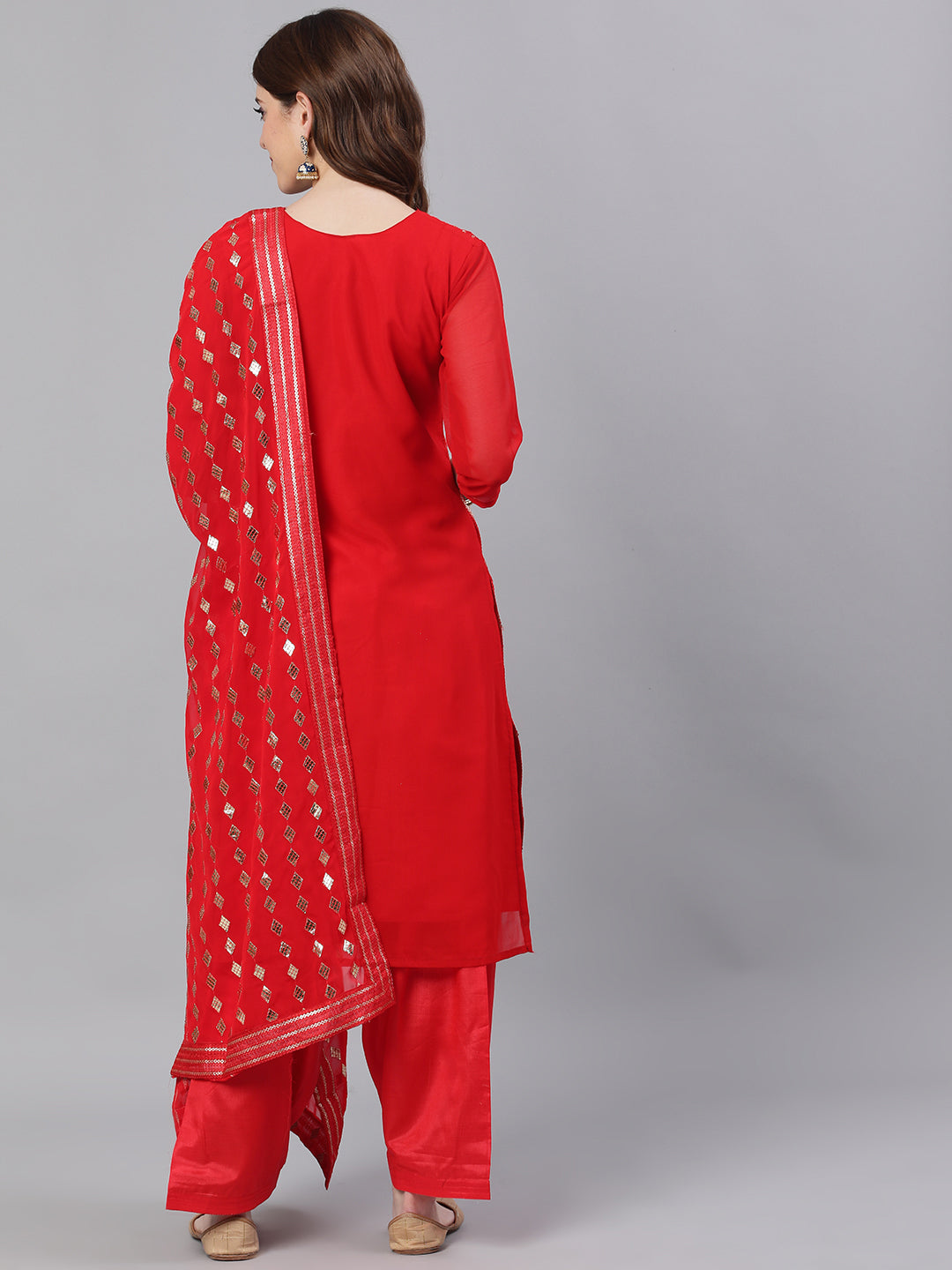 Ishin Womens Red Embroidered A-Line Kurta Salwar Dupatta Set