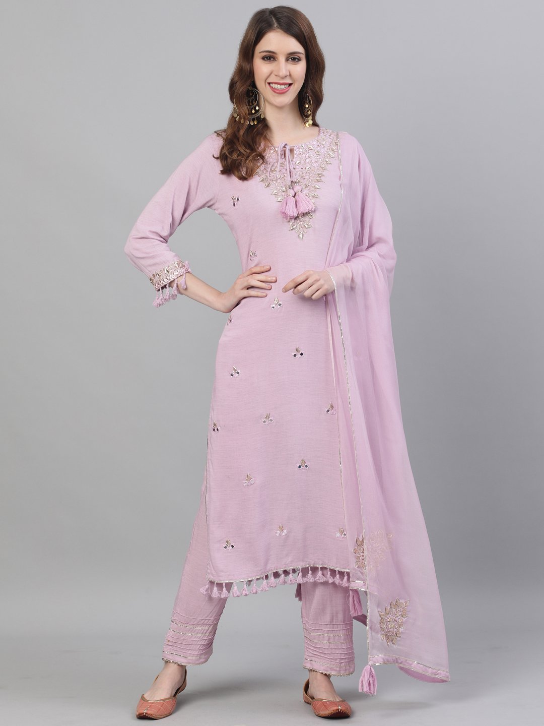 Ishin Women's Silk Purple Gota Patti Embroidered A-Line Kurta Trouser Dupatta Set