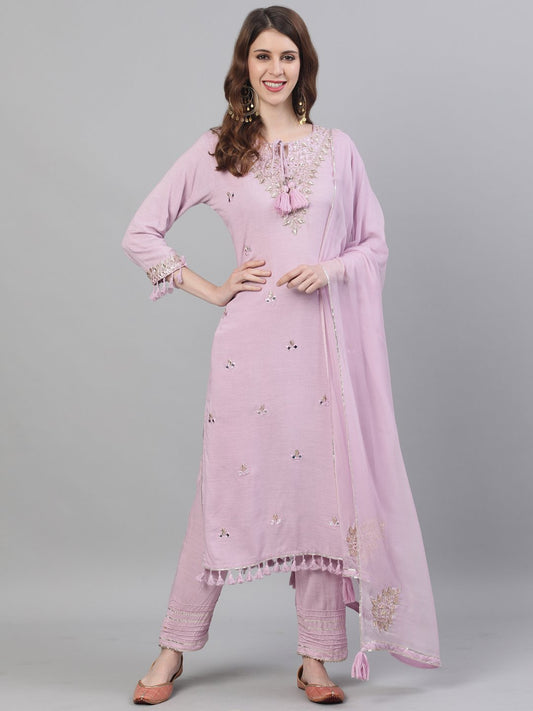 Ishin Women's Silk Purple Gota Patti Embroidered A-Line Kurta Trouser Dupatta Set